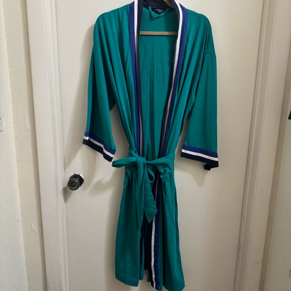 Christian Dior Monsieur Unisex Robe w Belt‎ Teal Navy White Stripes OS Vintage